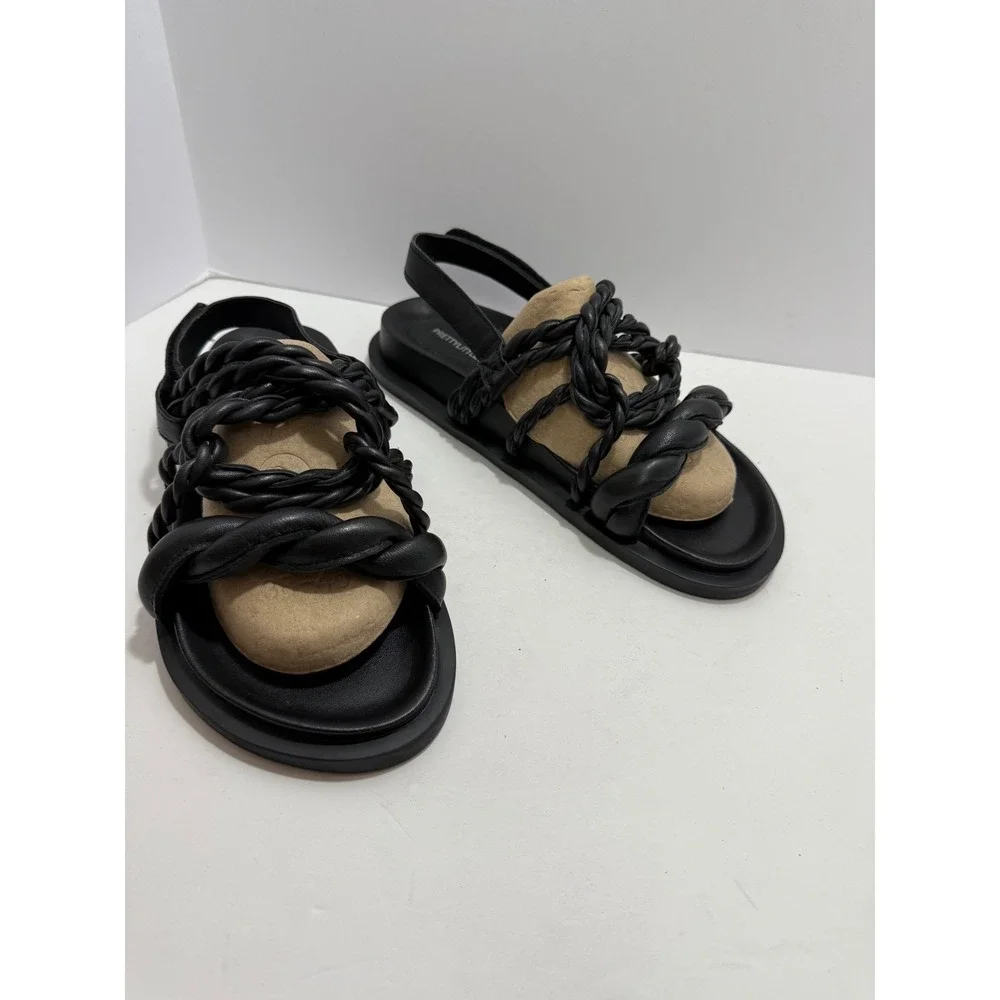 PrettyLittleThing 8 Blk Leather‎ Strappy Chunky Sandals Retro Grunge Y2K Beach